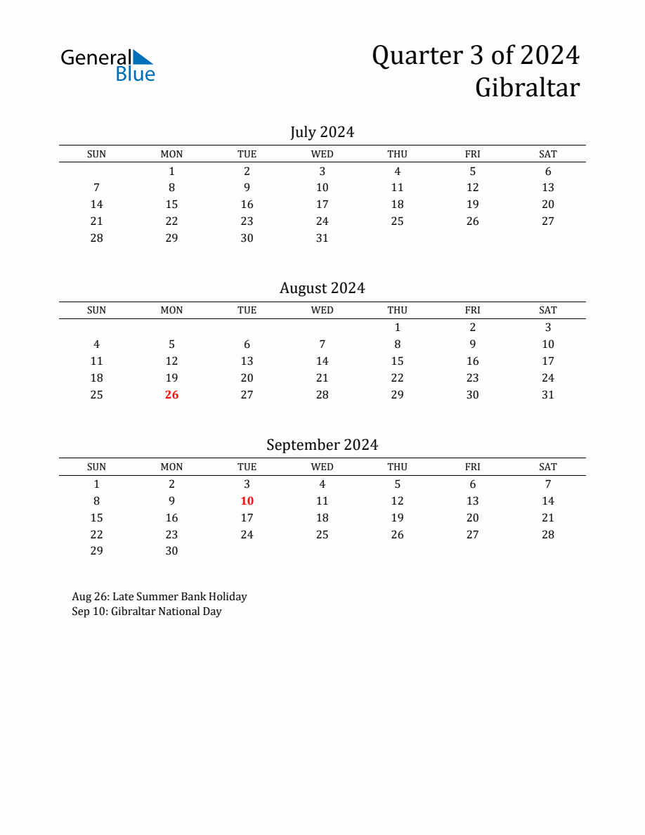 Quarter 3 2024 Gibraltar Quarterly Calendar