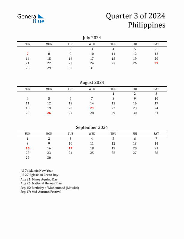 Q3 2024 Quarterly Calendar with Philippines Holidays (PDF, Excel, Word)
