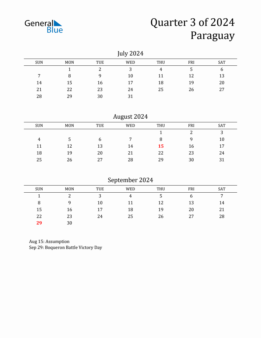 Quarter 3 2024 Paraguay Quarterly Calendar