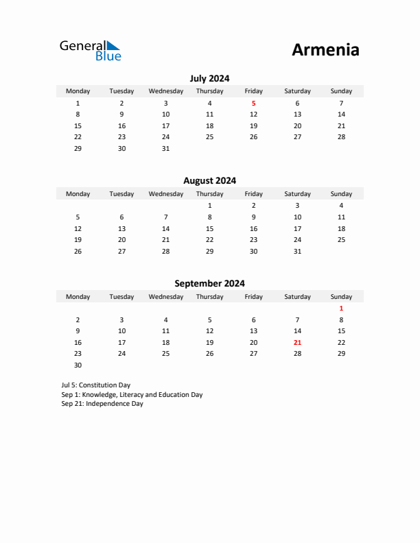 Printable Quarterly Calendar with Notes and Armenia Holidays- Q3 of 2024