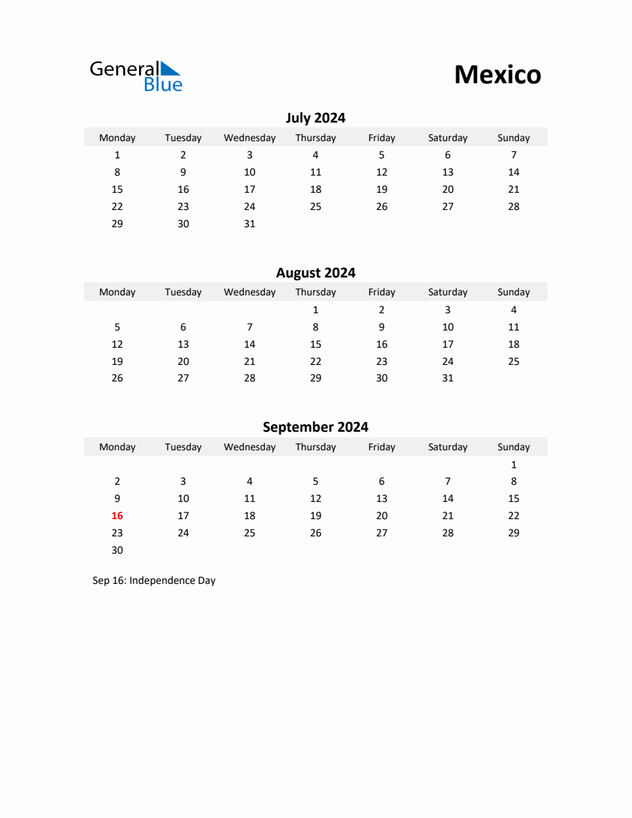 Printable Quarterly Calendar with Notes and Mexico Holidays Q3 of 2024