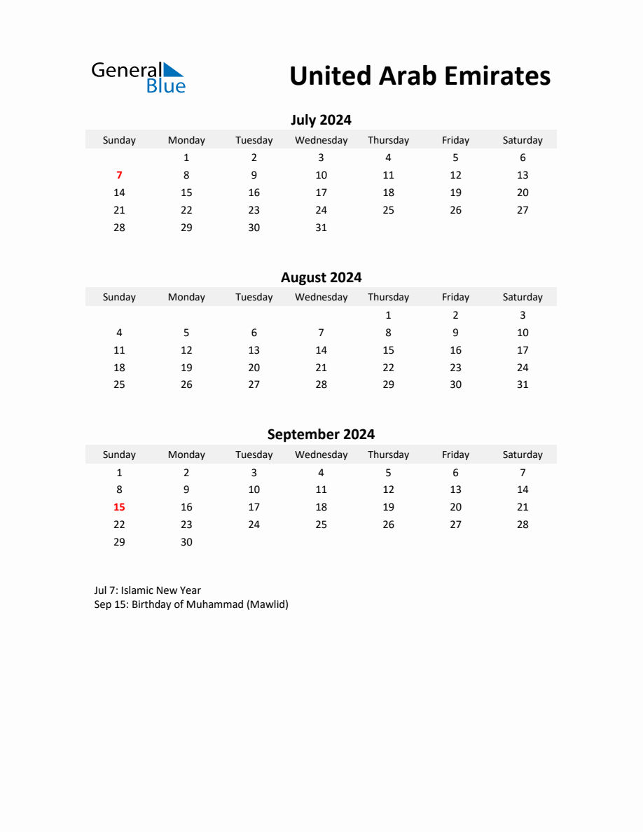 Printable Quarterly Calendar with Notes and United Arab Emirates