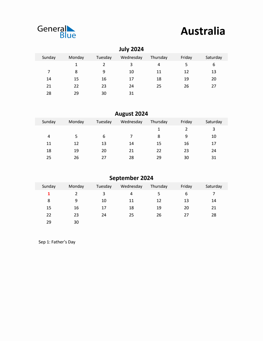 Printable Quarterly Calendar with Notes and Australia Holidays Q3 of 2024