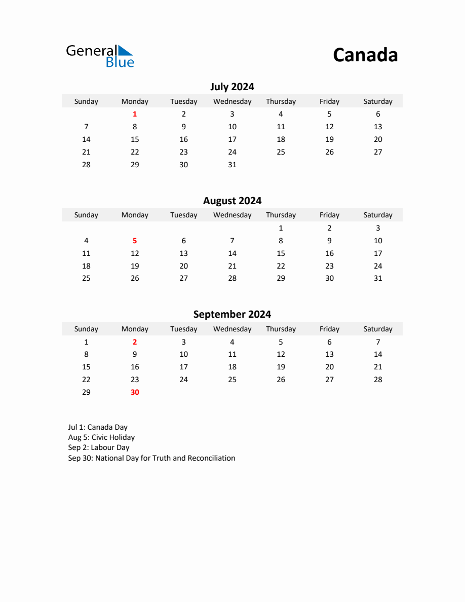 Printable Quarterly Calendar with Notes and Canada Holidays Q3 of 2024