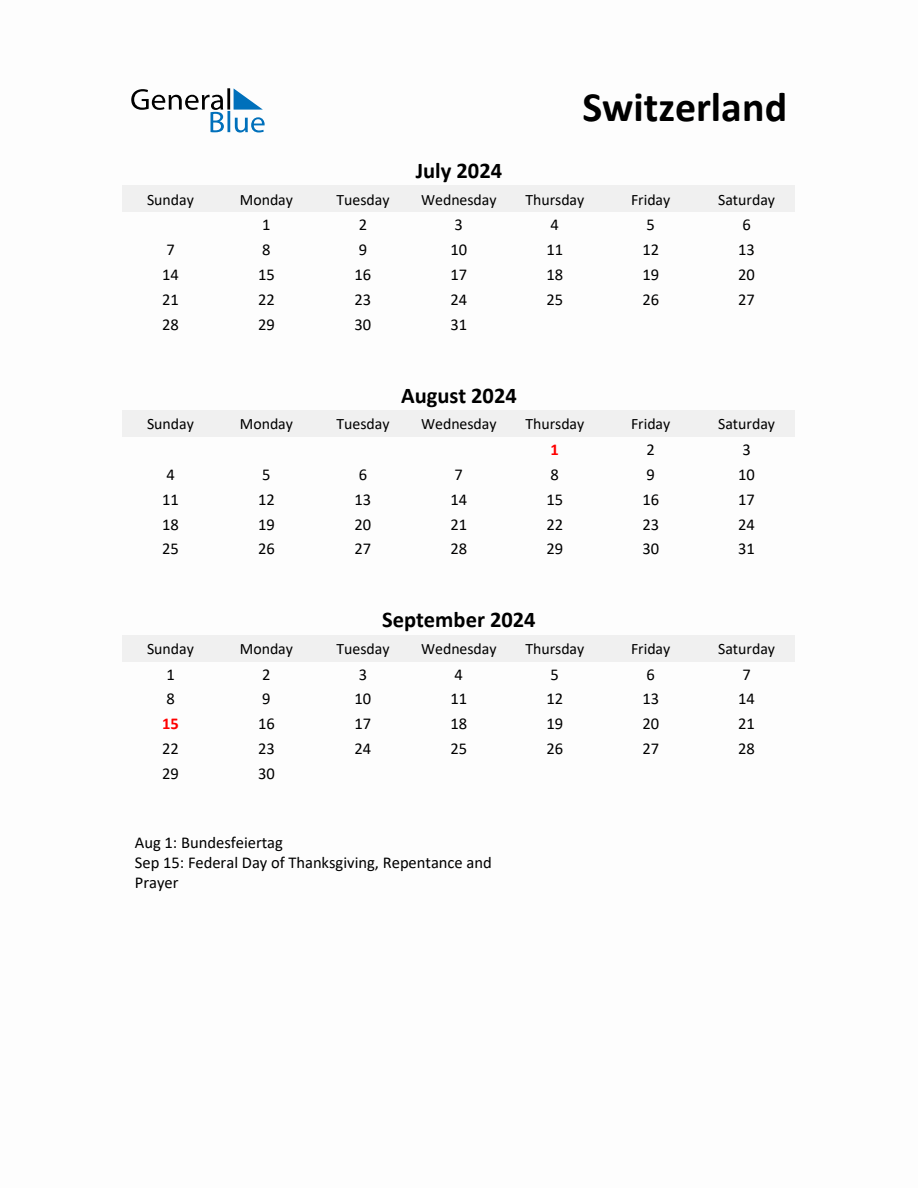 Printable Quarterly Calendar with Notes and Switzerland Holidays Q3 of