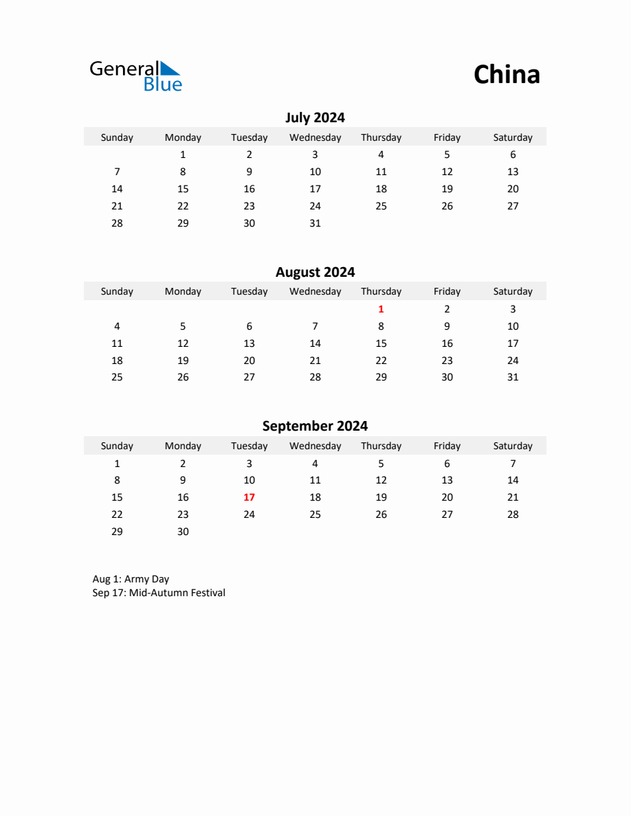 Printable Quarterly Calendar with Notes and China Holidays Q3 of 2024