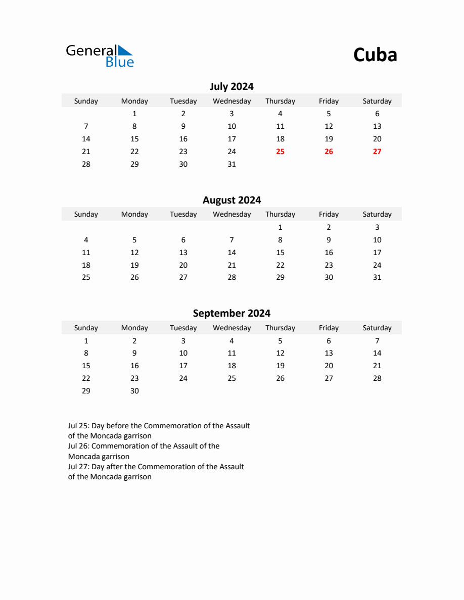 Printable Quarterly Calendar with Notes and Cuba Holidays Q3 of 2024