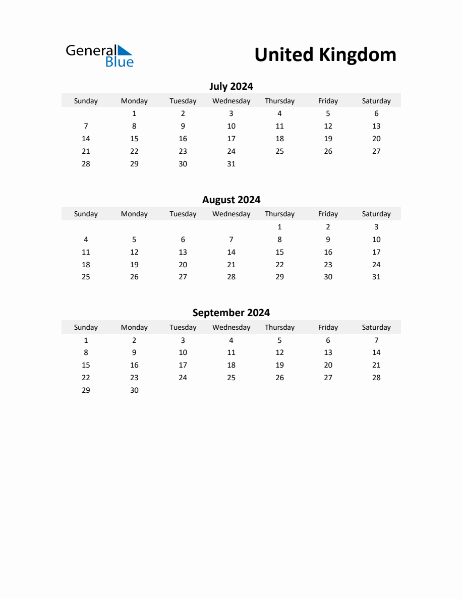 Printable Quarterly Calendar with Notes and United Kingdom Holidays Q3