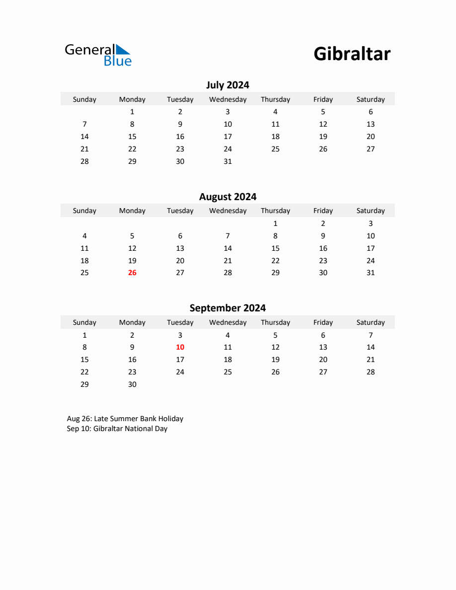 Printable Quarterly Calendar with Notes and Gibraltar Holidays Q3 of 2025