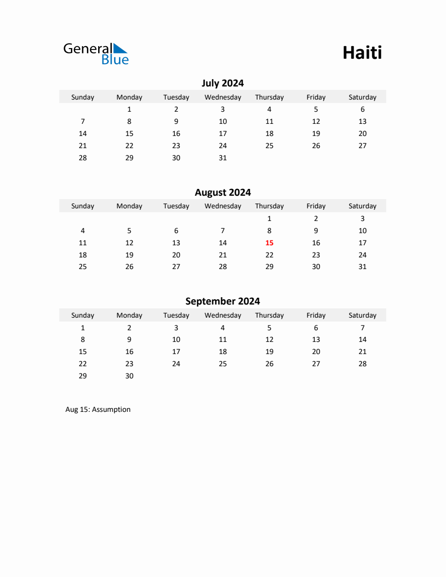 Printable Quarterly Calendar with Notes and Haiti Holidays Q3 of 2024