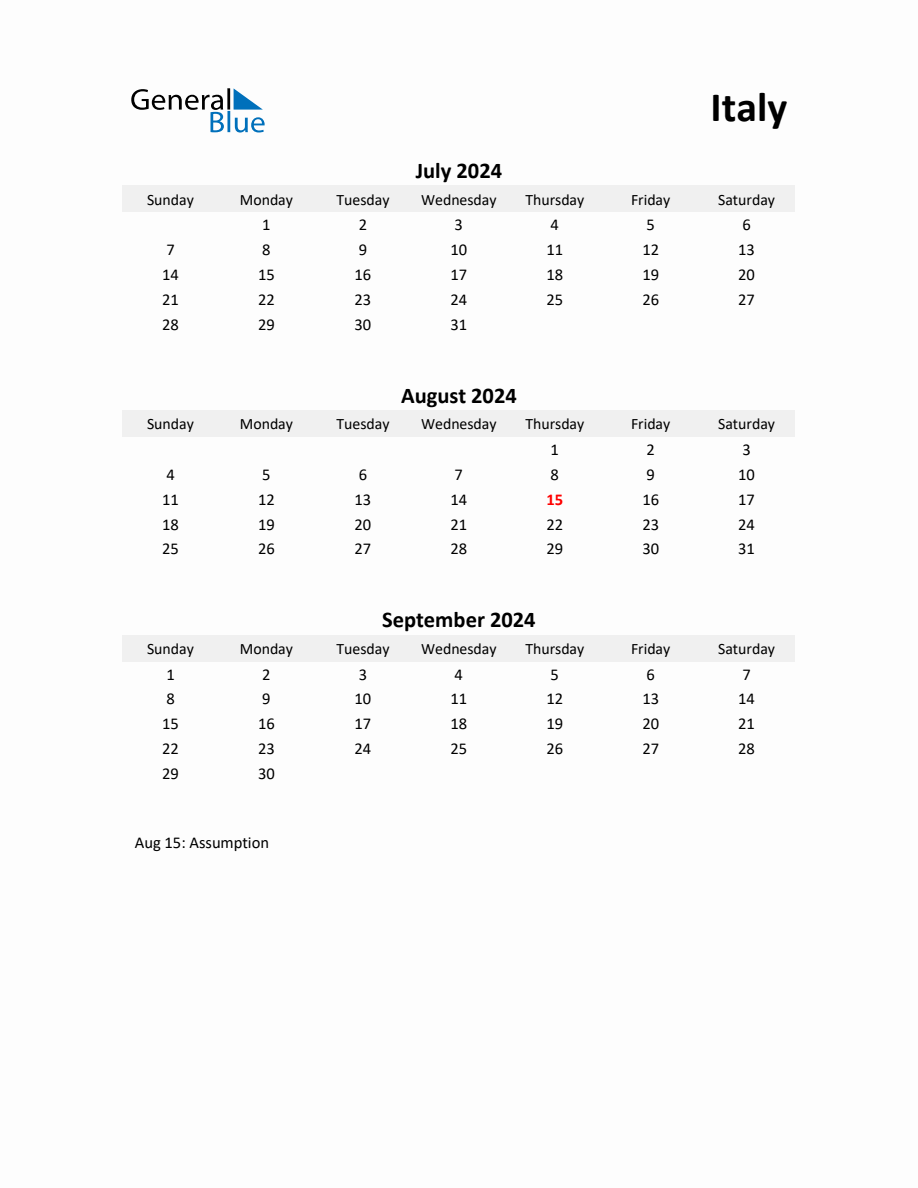 Printable Quarterly Calendar with Notes and Italy Holidays Q3 of 2024