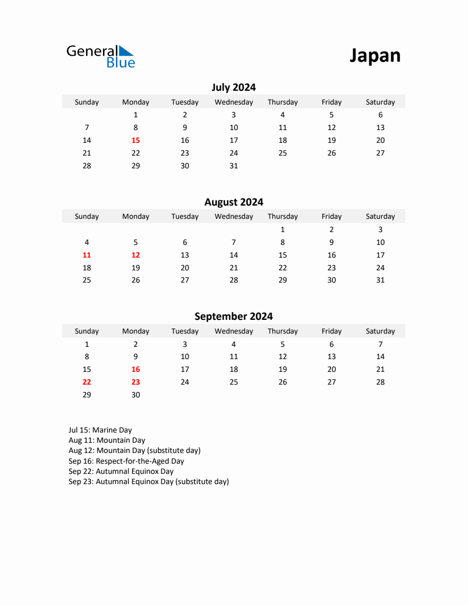 Printable Quarterly Calendar with Notes and Japan Holidays Q3 of 2024