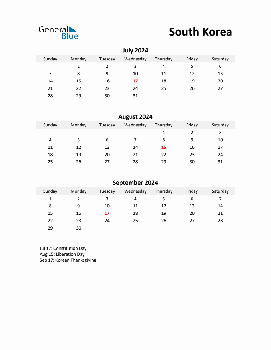 Printable Quarterly Calendar with Notes and South Korea Holidays Q3 of 2024