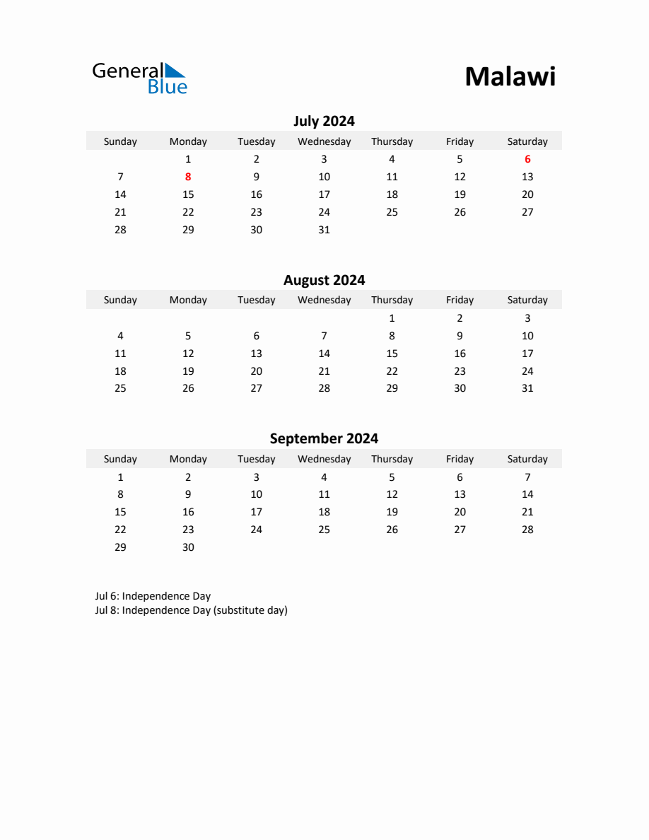 Printable Quarterly Calendar with Notes and Malawi Holidays Q3 of 2024