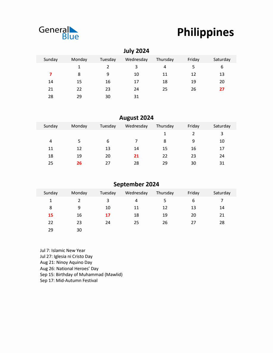 Printable Quarterly Calendar with Notes and Philippines Holidays Q3 of