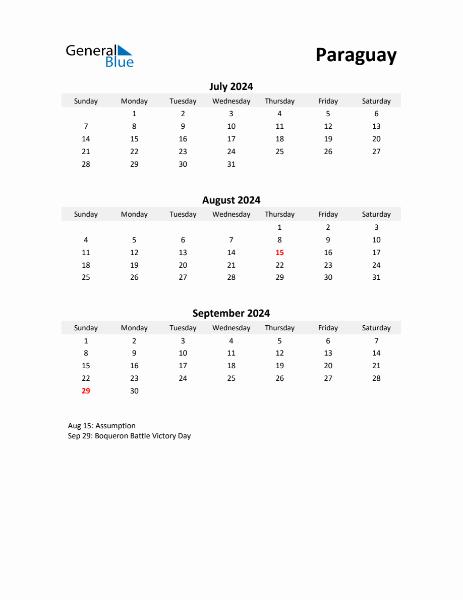 Printable Quarterly Calendar with Notes and Paraguay Holidays Q3 of 2024