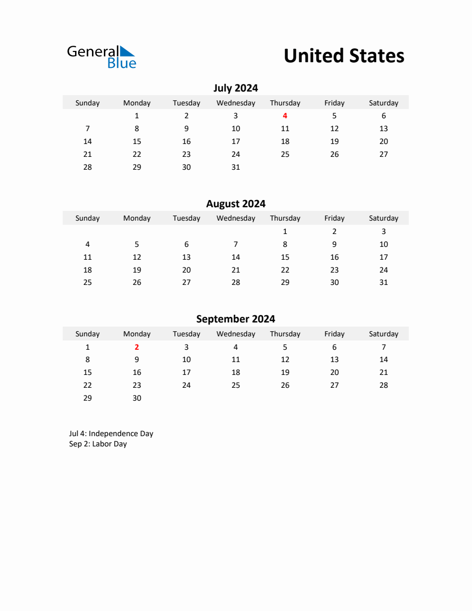 Printable Quarterly Calendar with Notes and United States Holidays Q3