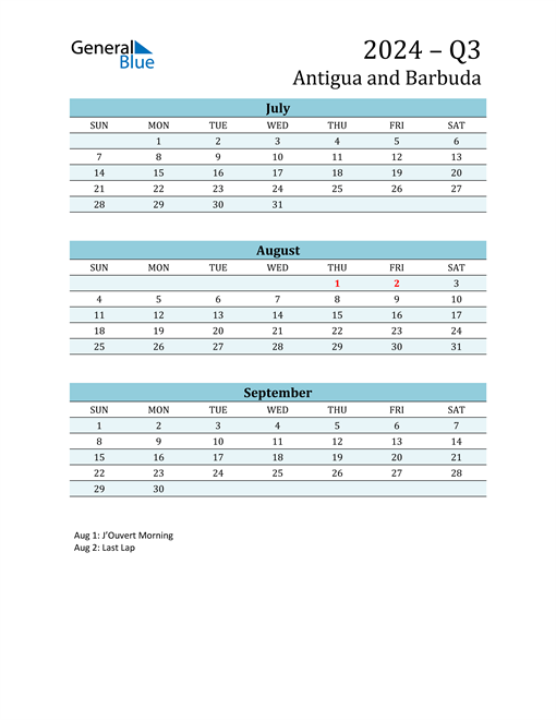  Three-Month Planner for Q3 2024 with Holidays