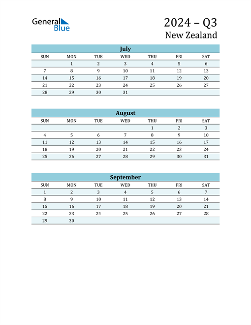  Three-Month Planner for Q3 2024 with Holidays