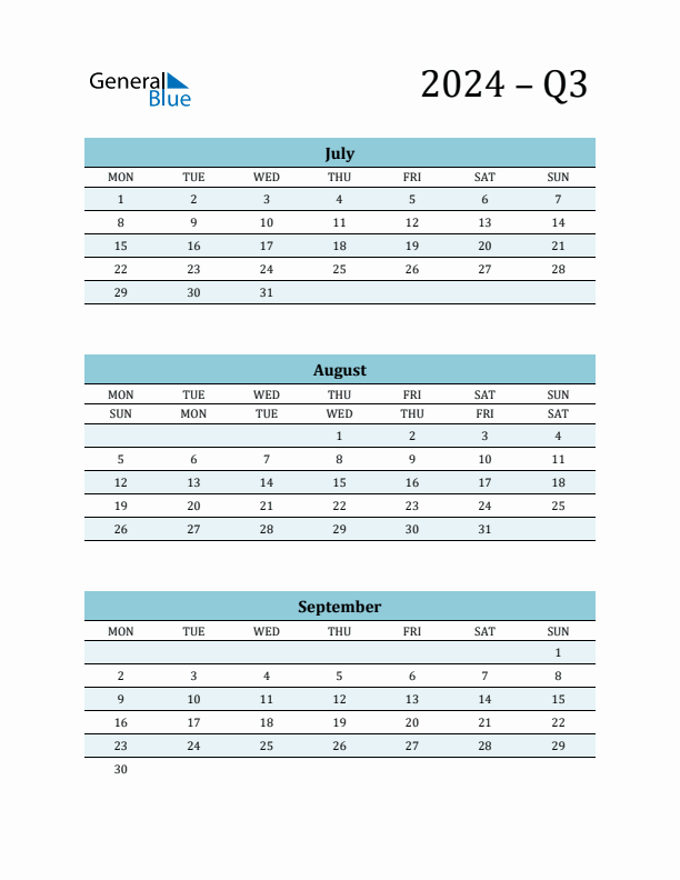 July, August, and September 2024 Calendar