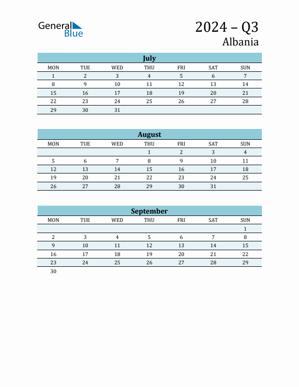 Three-Month Planner for Q3 2024 with Holidays - Albania