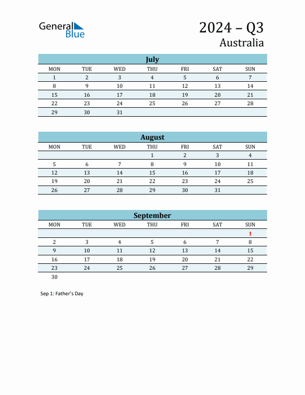 Three-Month Planner for Q3 2024 with Holidays - Australia