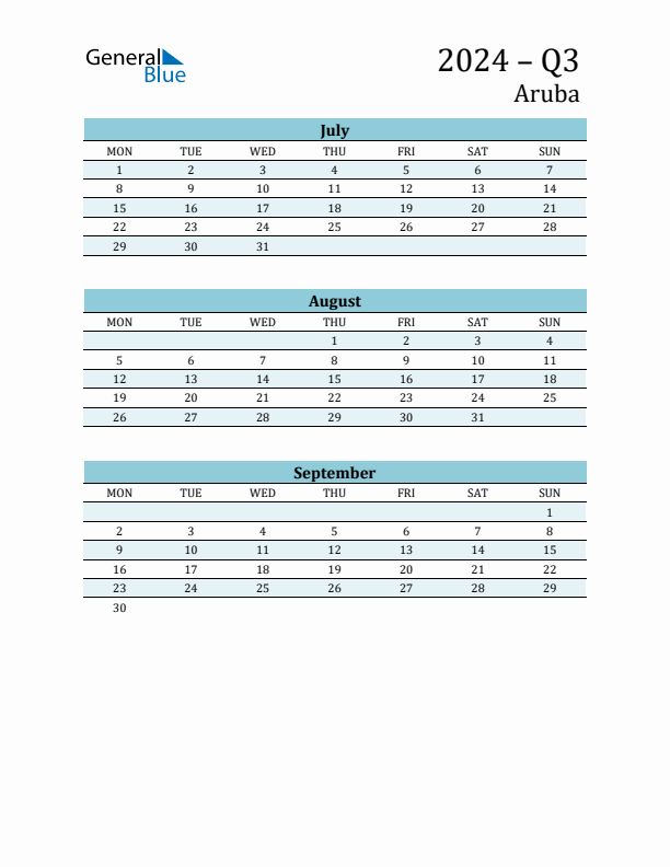Q3 2024 Monday Start Quarterly Calendar with Aruba Holidays