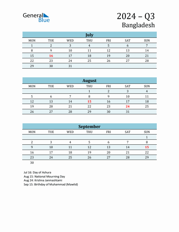 Three-Month Planner for Q3 2024 with Holidays - Bangladesh