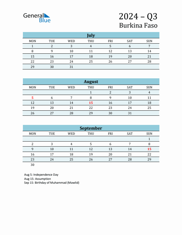 Three-Month Planner for Q3 2024 with Holidays - Burkina Faso
