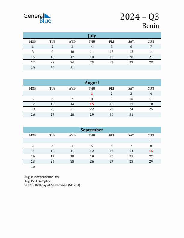 Three-Month Planner for Q3 2024 with Holidays - Benin