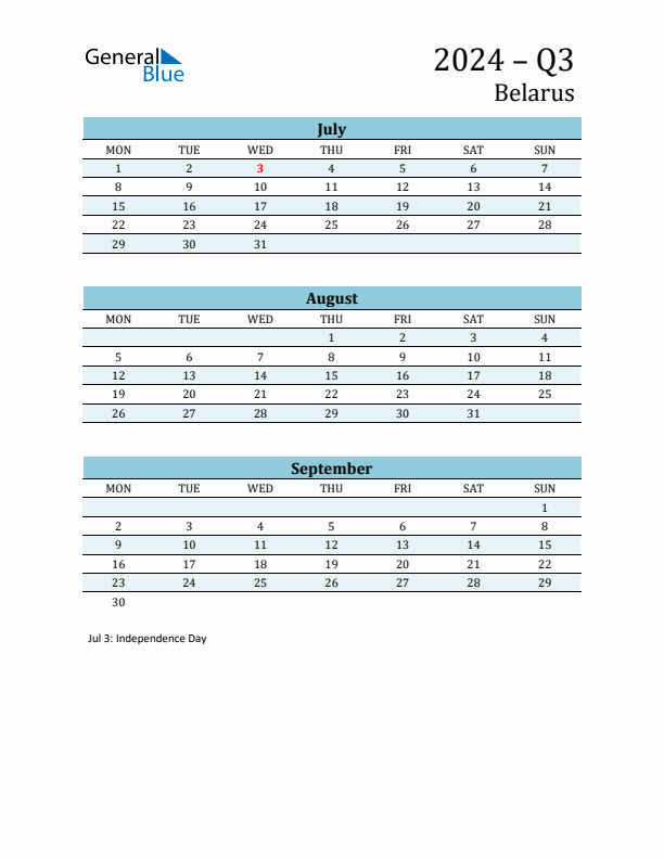 Three-Month Planner for Q3 2024 with Holidays - Belarus