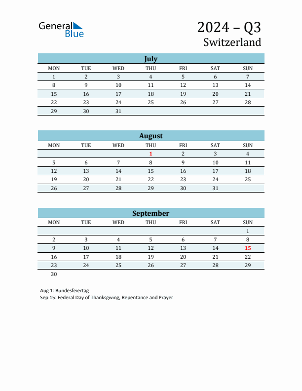 Three-Month Planner for Q3 2024 with Holidays - Switzerland