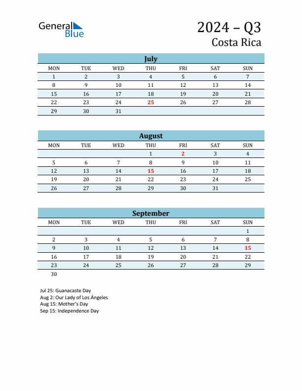 Three-Month Planner for Q3 2024 with Holidays - Costa Rica