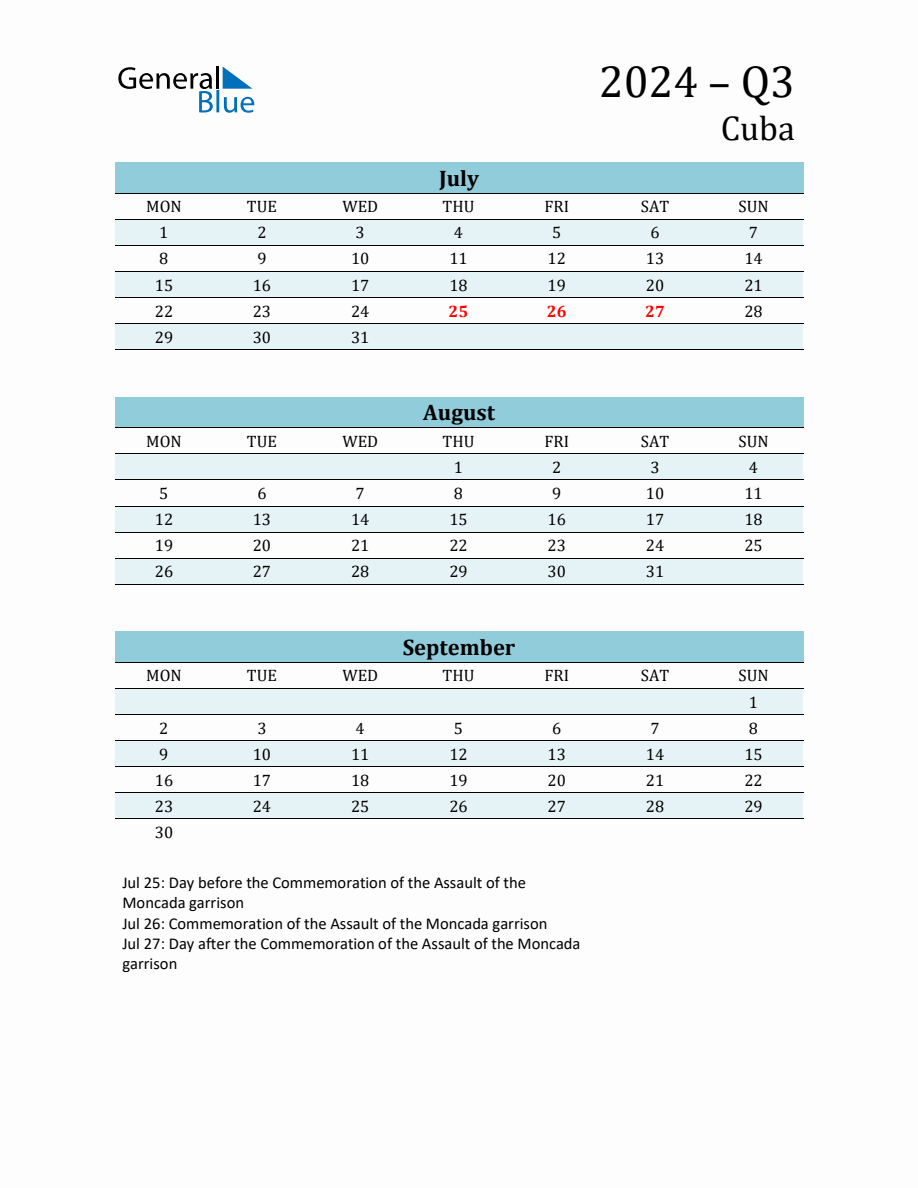 ThreeMonth Planner for Q3 2024 with Holidays Cuba