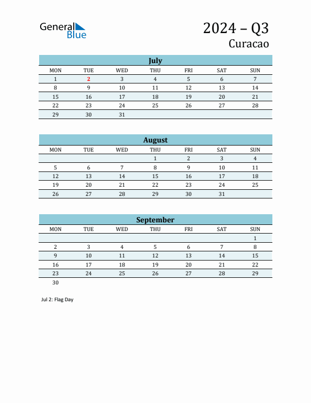Three-Month Planner for Q3 2024 with Holidays - Curacao
