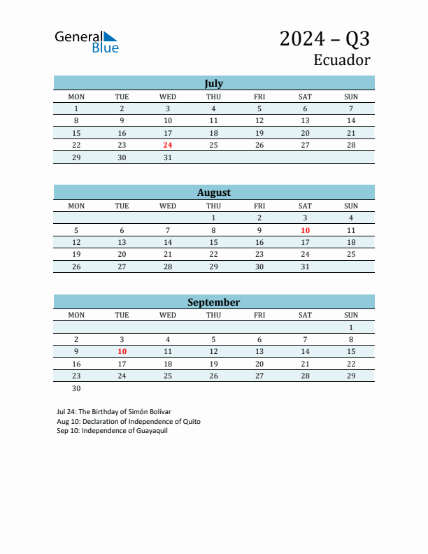Three-Month Planner for Q3 2024 with Holidays - Ecuador