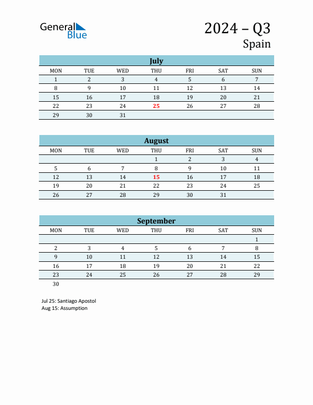 Three-Month Planner for Q3 2024 with Holidays - Spain