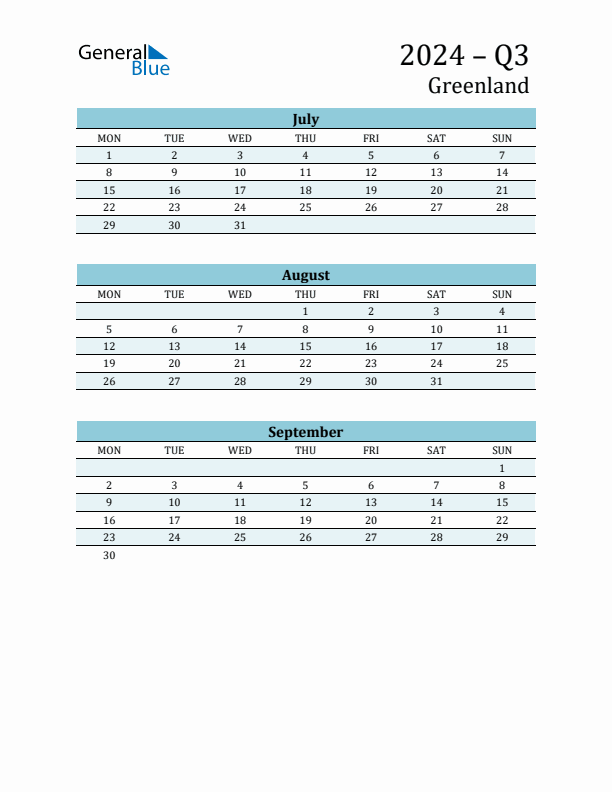 Three-Month Planner for Q3 2024 with Holidays - Greenland