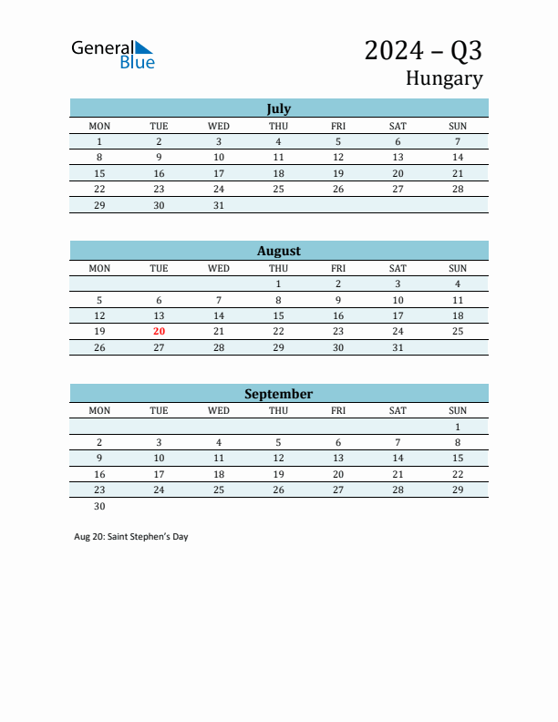 Three-Month Planner for Q3 2024 with Holidays - Hungary