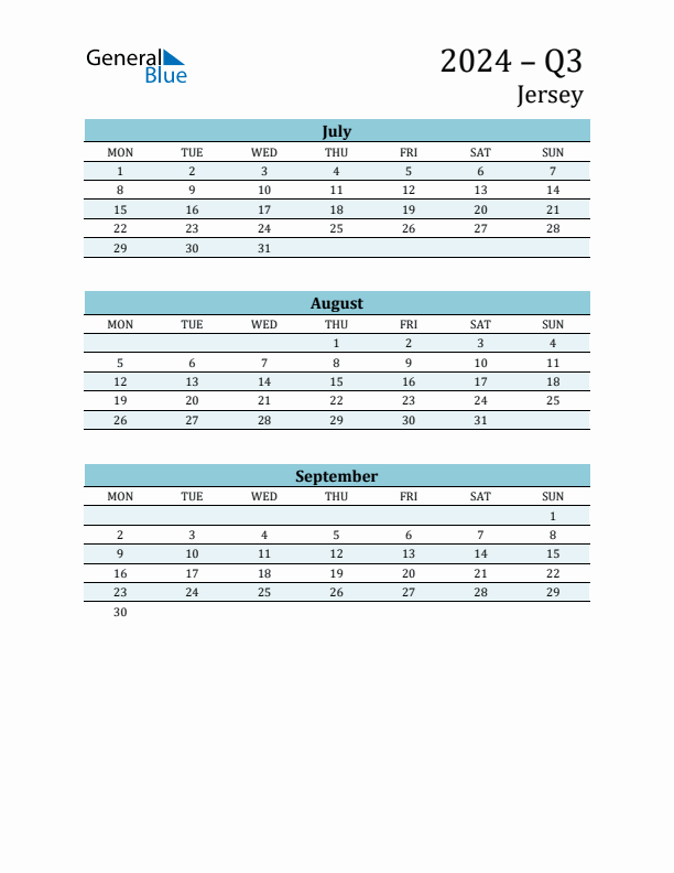 Three-Month Planner for Q3 2024 with Holidays - Jersey