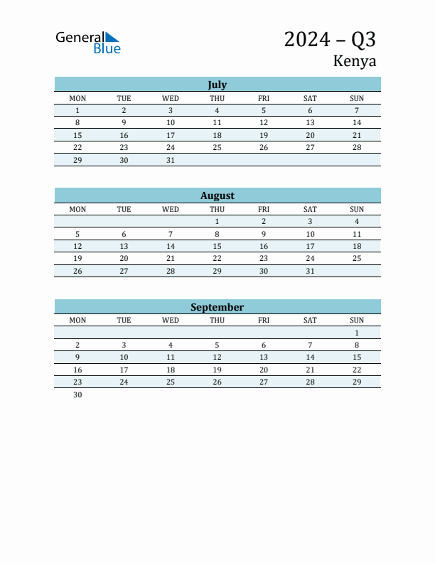 Three-Month Planner for Q3 2024 with Holidays - Kenya