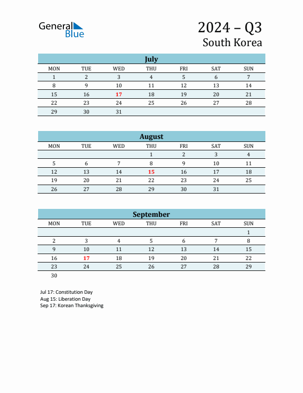 Three-Month Planner for Q3 2024 with Holidays - South Korea