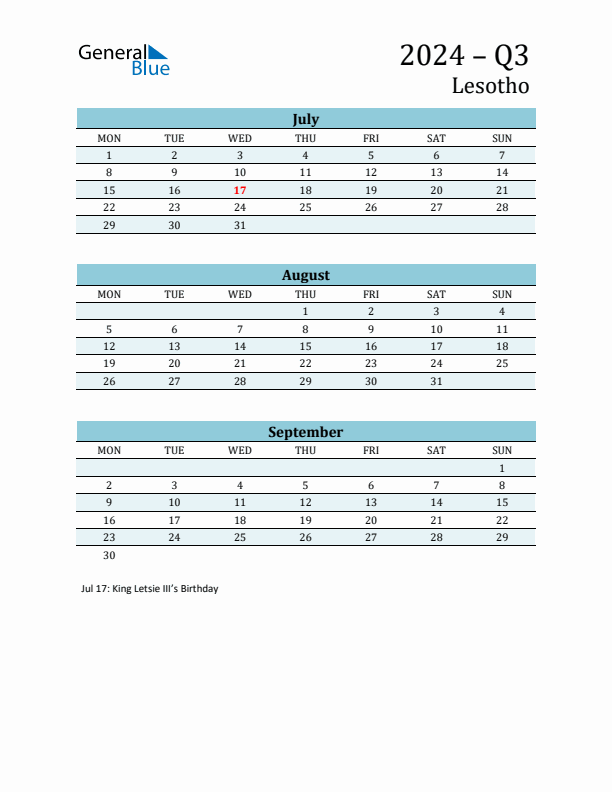 Three-Month Planner for Q3 2024 with Holidays - Lesotho