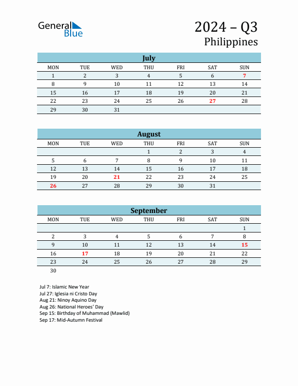 Three-Month Planner for Q3 2024 with Holidays - Philippines