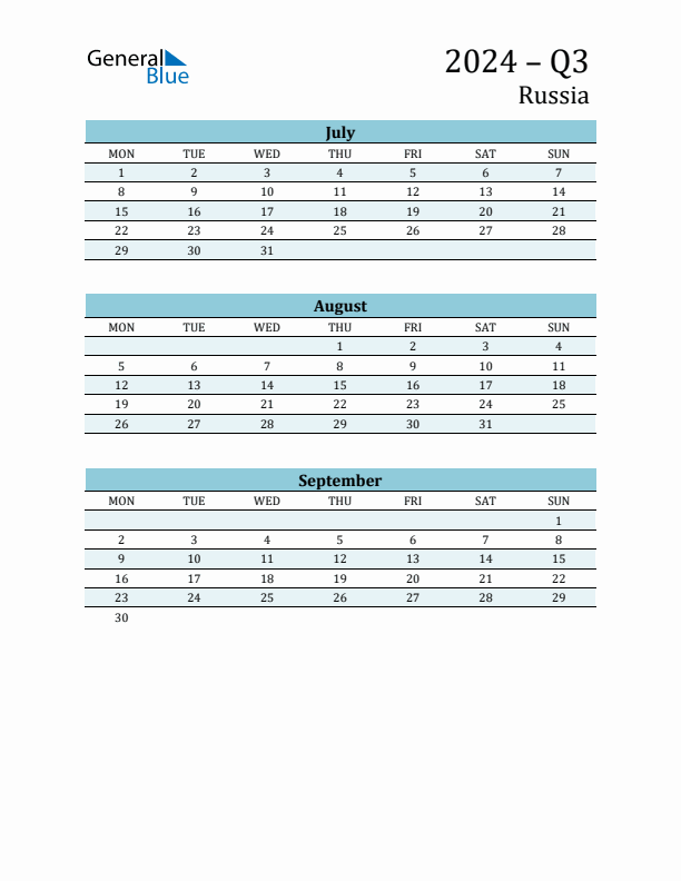Three-Month Planner for Q3 2024 with Holidays - Russia