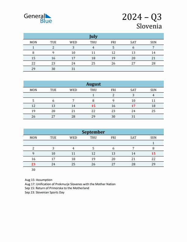 Three-Month Planner for Q3 2024 with Holidays - Slovenia