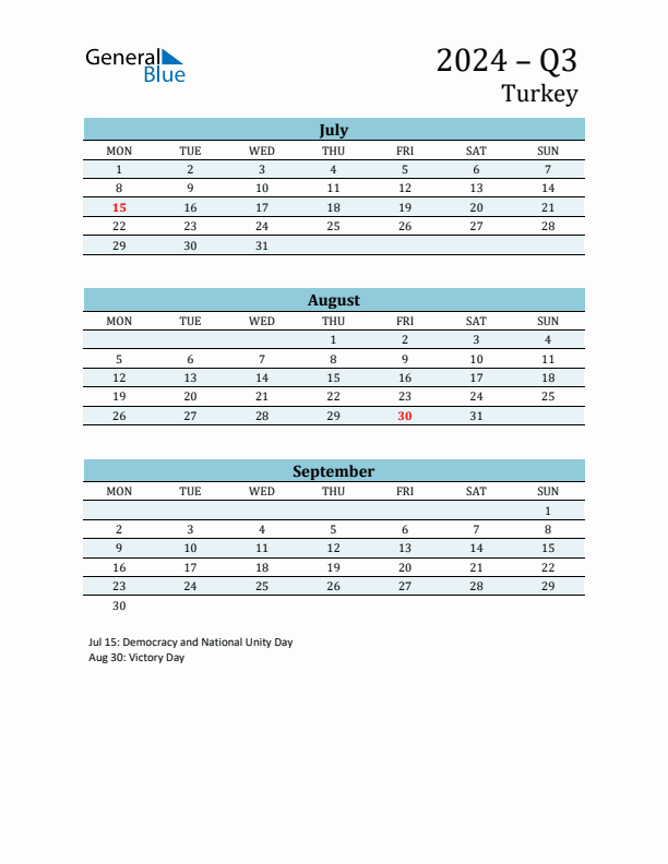 Three-Month Planner for Q3 2024 with Holidays - Turkey