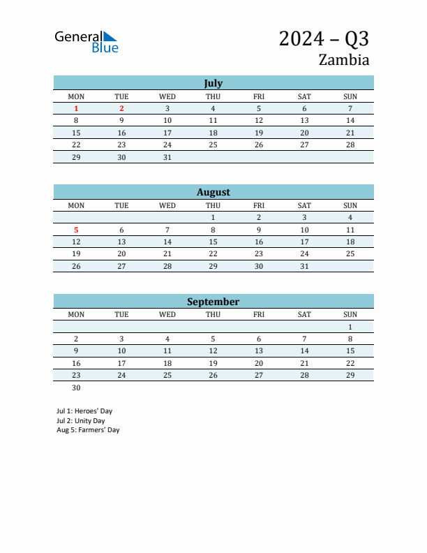 Three-Month Planner for Q3 2024 with Holidays - Zambia