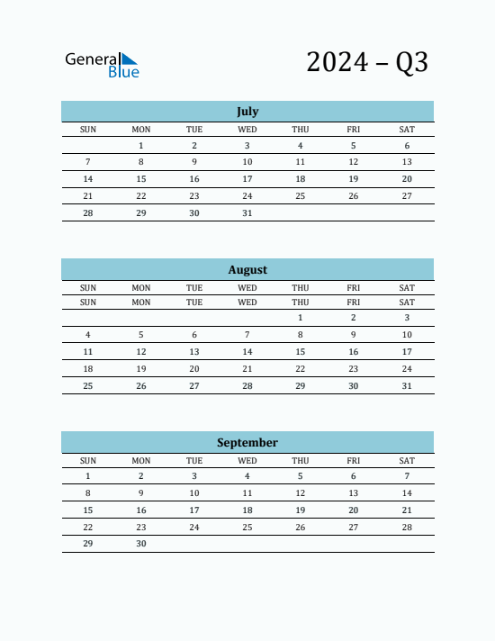 Quarter 3 2024 calendar template