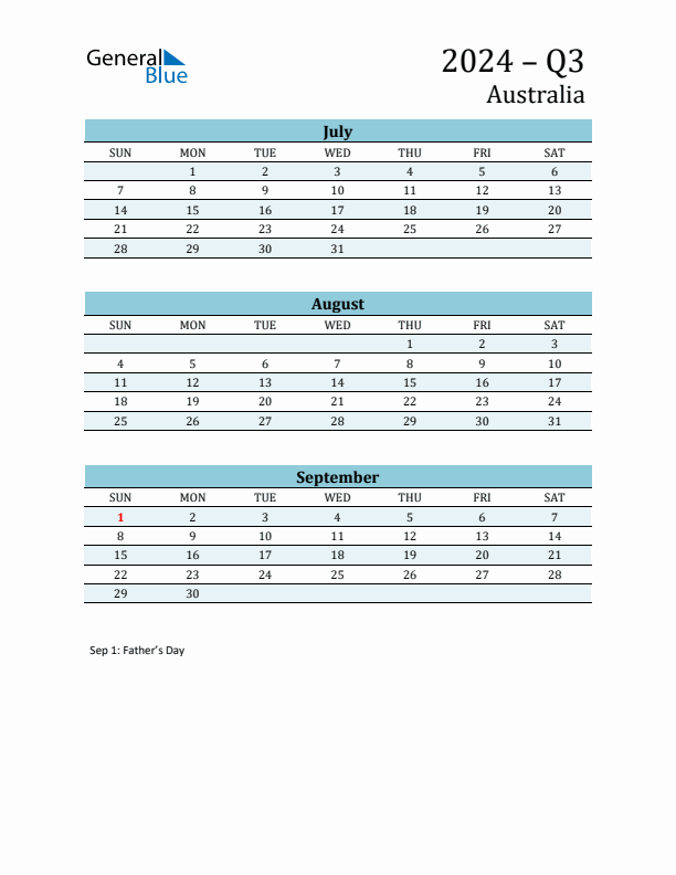 Three-Month Planner for Q3 2024 with Holidays - Australia